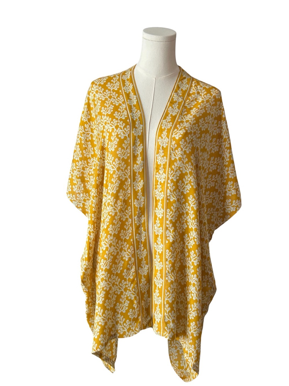NWT LOFT Mustard and White Leaf Print Kimono Cardigan